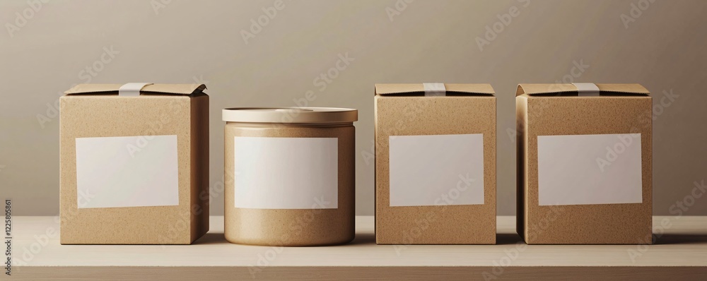 Poster set of cardboard boxes and ceramic jar with blank label mockup for branding
