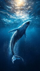 Fototapeta premium HD Phone Wallpaper Majestic Humpback Whale Ascending Ocean Sunlight Underwater Wildlife