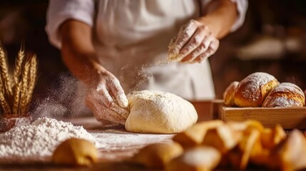Baking concept. unrecognizable female prepares pastry, kneads dough on wooden table. Woman cook bakes bread. Close-up