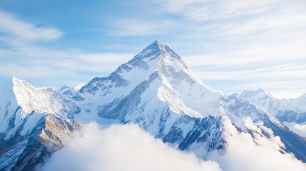Obraz premium A panoramic view of Mount Everest from the trekking route leading to Everest Base Camp, with the rugged Himalayan landscape stretching into the distance. The snow-capped peaks and