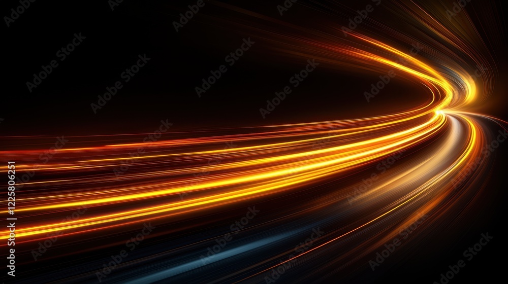 Poster dynamic golden light streaks creating abstract speed motion effect against dark background