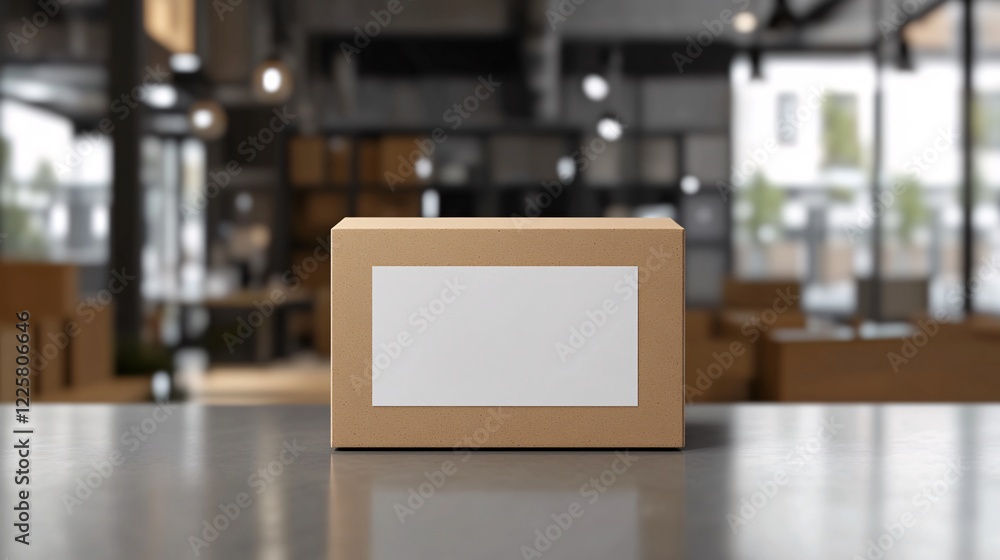 Poster cardboard box standing on a desk in a blurred storage room background