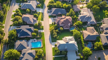 Panorama view upscale single-family homes with swimming pool and large backyard in expensive residential neighborhood suburbs Dallas Texas straight aerial view detached houses quite street USA