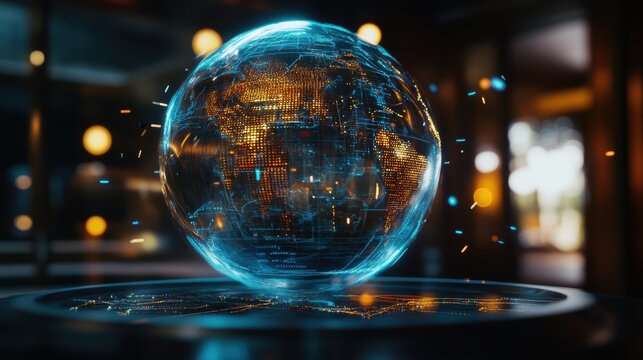 A holographic globe with floating graphs and charts revolving around it illustrating global entrepreneurship trends and the impact of startups on economies worldwide.