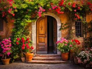 Beautiful Tuscan Doorway Decorated with Flowers in a Charming Italian Village Landscape