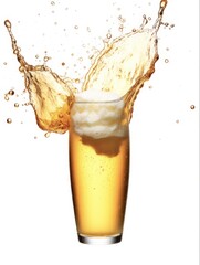 Beer Splash in Frosted Glass. Refreshing foam and froth from a cold beer on a white background with isolated glasses