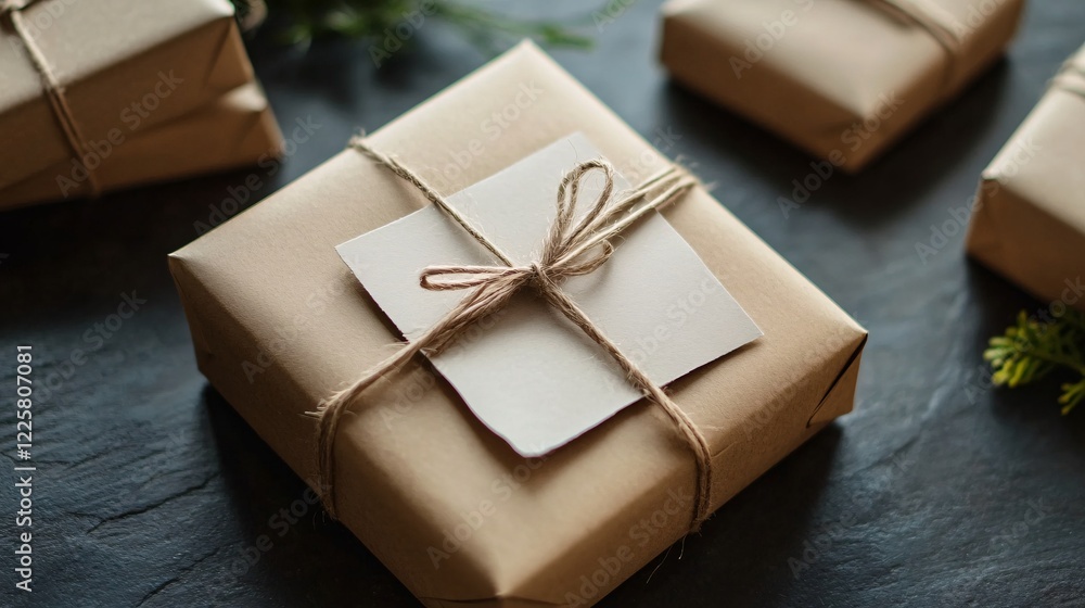 Poster gift wrapping with brown paper and rustic twine on dark background