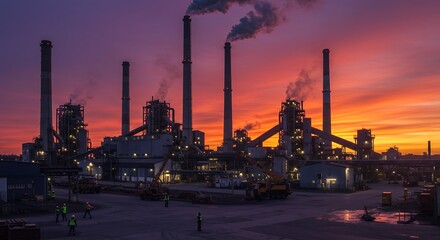 Industrial Sunset Landscape Dramatic Refinery Silhouette at Dusk