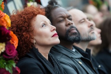 Gathering of people honoring a moment of reflection during an outdoor remembrance ceremony at a community event in autumn