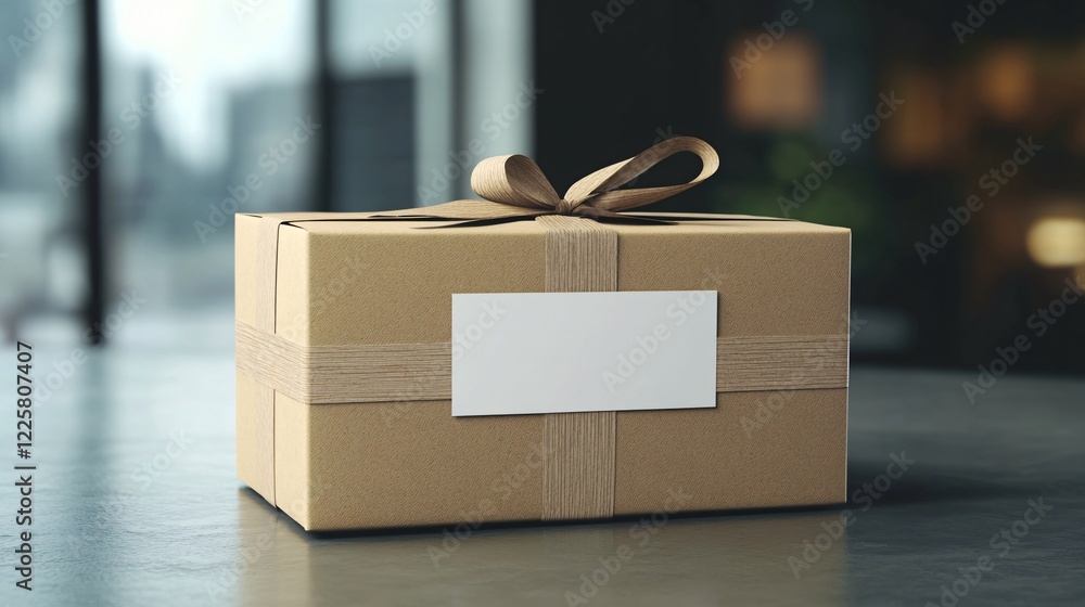 Poster Cardboard parcel tied with string with blank label is waiting on table