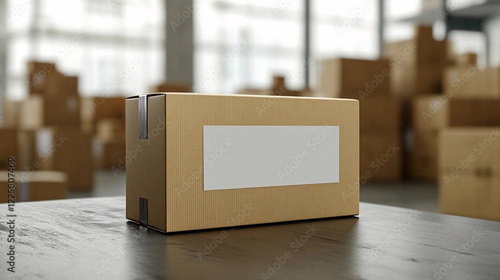 Poster cardboard box with blank label standing on table in a storage room