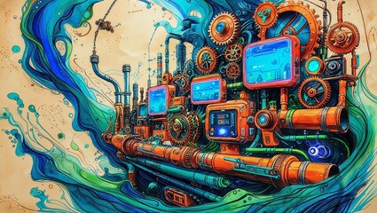 Obraz premium Colorful steampunk illustration of complex pipes and gears with water flowing around it