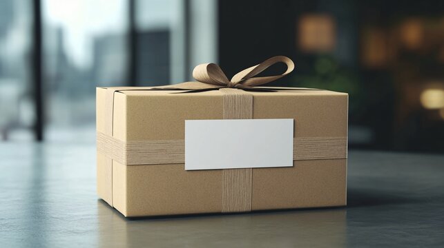 Cardboard parcel tied with string with blank label is waiting on table