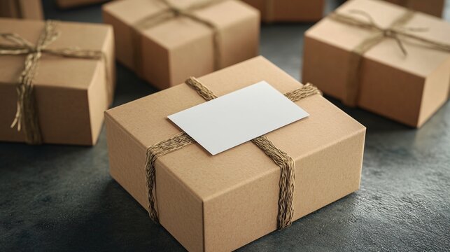 Cardboard parcel gift box with blank business card and rustic twine on dark background