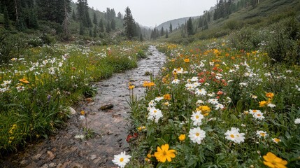 Mountain stream wildflowers, summer rain, scenic valley. Use Travel brochure, nature calendar