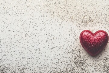 A banner with a flat lay decoration for February 14th, featuring a white and red hearts background, top-down view, and ample copyspace