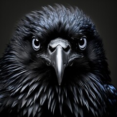 Black Raven Closeup Portrait: Capturing the Majestic Beauty of This Elegant Bird's Sharp Features and Half-Face Feather Detail