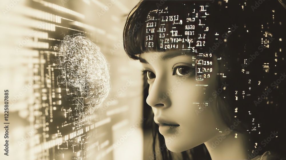 Poster ai in image cybernetic anthropomorphic woman working with matrix data on virtual interface. head or 