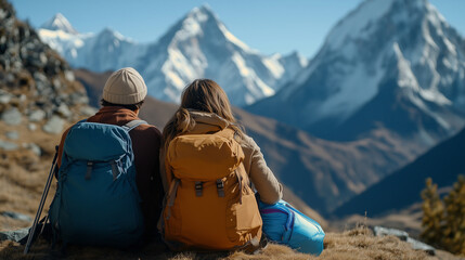 Fototapeta premium A couple on a trekking break along the Everest Base Camp route near Dughla, surrounded by the awe-inspiring Himalayan peaks of Ama Dablam (6812m) and Tobuche (6495m). They rest bes