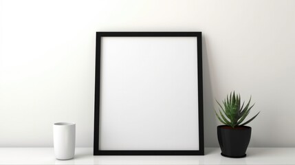 Black Square Frame Mockup with Home Decor and Plants. White Shelf and Wall in Background with Blank Copy Space for Design