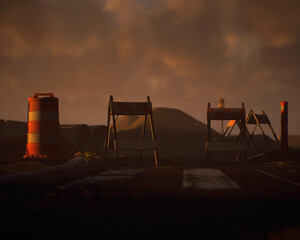 Roadside construction area during sunset with a cloudy sky. 3D render.