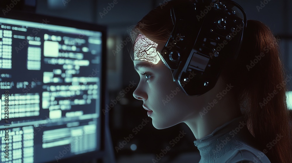 Poster ai in image cybernetic anthropomorphic woman working with matrix data on virtual interface. head or 