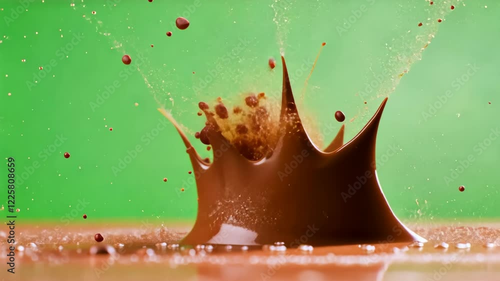 Poster chocolate splash against green screen background with flying chocolate pieces in motion capturing vi