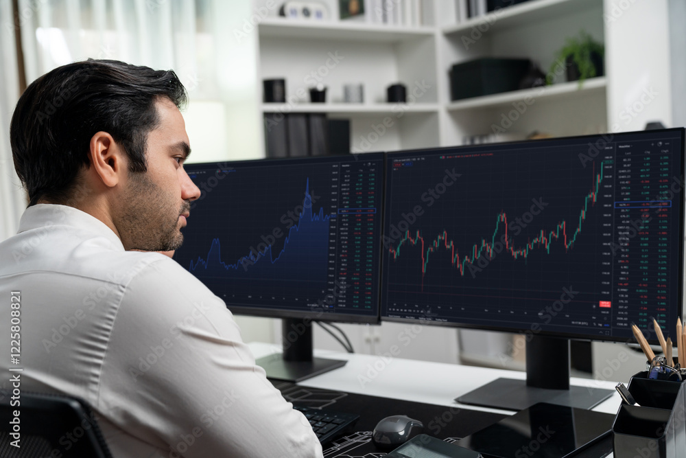 Poster smart trader businessman analyzing in two dynamic stock exchange investment screen on pc with invest