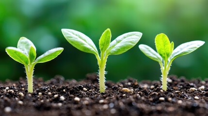 Fototapeta premium Seedlings growing in soil, green background, representing growth and new beginnings; ideal for environmental or business contexts
