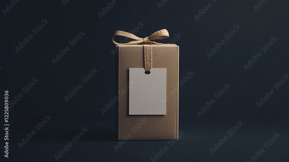 Poster simple brown gift box with blank tag and string bow on dark blue background