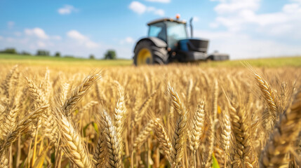 Obraz premium proud content farmer poses in a flourishing field, with a tractor nearby, reflecting the hard work and passion behind sustainable farming practices. proud farmer, sustainable farmi