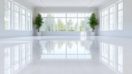 Fototapeta premium Bright white room, large windows, trees outside, shiny floor, home interior design