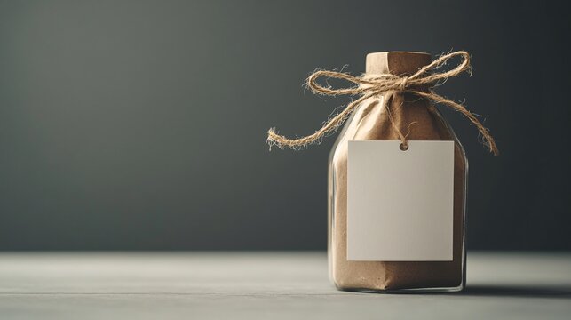 Glass jar wrapped in brown paper and tied with string displaying blank white tag for your message