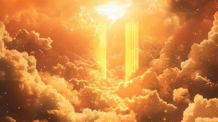 Fototapeta premium Golden gates shining among fluffy clouds in a heavenly sky, heaven, gate, clouds, golden, glorious, sky, celestial. Eternal Sky. Illustration