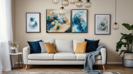 Modern living room with beige sofa, blue and gold pillows, abstract art, and pendant lights.