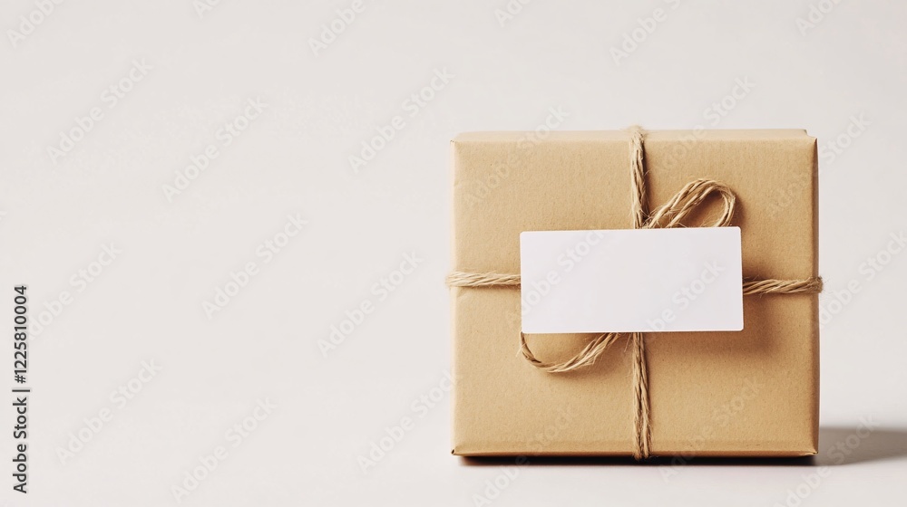 Poster simple brown gift box wrapped with string and blank gift tag on white background