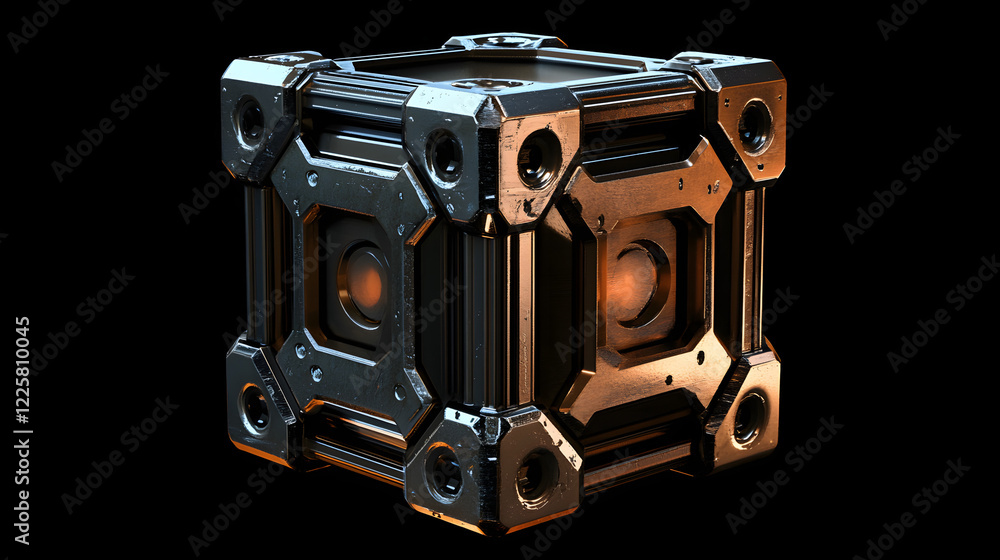 Poster abstract futuristic metal cube. science fiction block design. 3d rendering