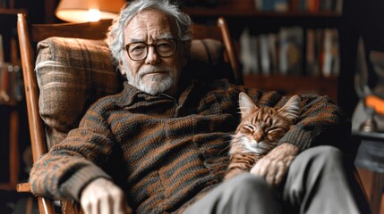 An elderly man sits comfortably in a rustic armchair, wearing a knitted sweater, with an orange tabby cat curled up in his lap.