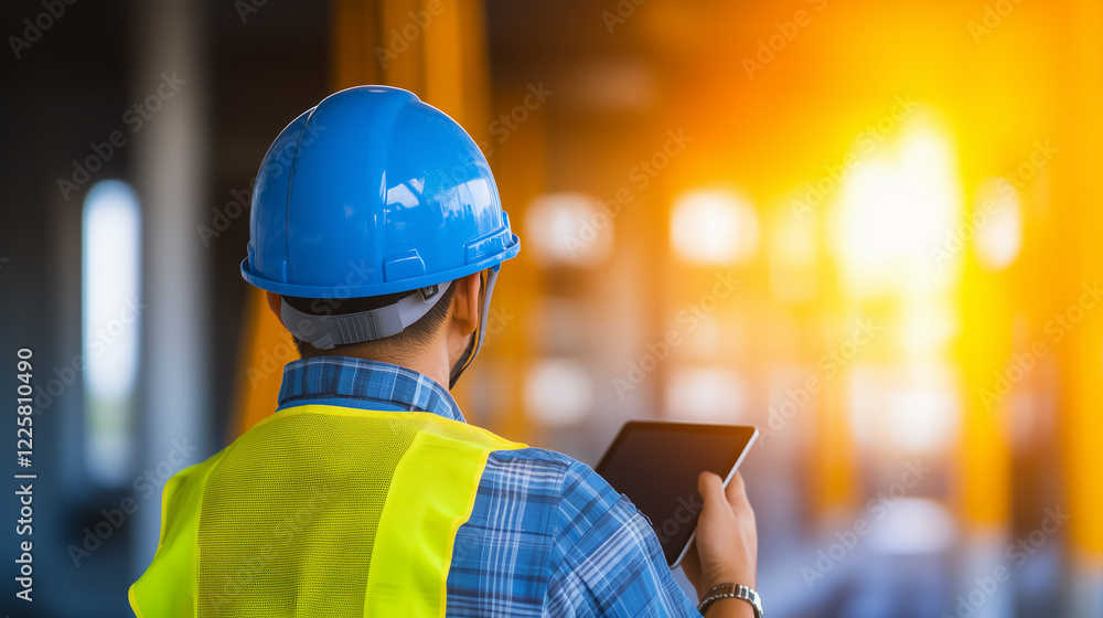 Poster an engineer in a blue helmet holds a tablet, symbolizing the integration of modern technology in con