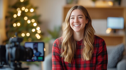 Obraz premium A woman in a red plaid dress smiles warmly while engaging with her audience during a live streaming session, showcasing real-time interaction and fostering a strong sense of connec