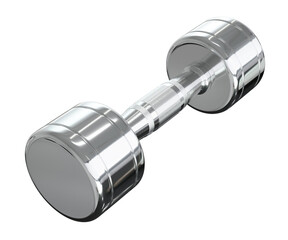 Blank Round Dumbbell, chrome weightlifting gym equipment side view, isolated on white background. 3D illustration