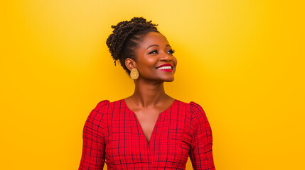 A cheerful woman in a red plaid dress smiles and interacts with viewers during her live streaming session, creating an engaging and connected experience for her audience. live stre