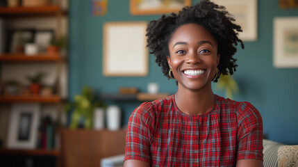 Fototapeta premium A cheerful woman in a red plaid dress smiles and interacts with viewers during her live streaming session, creating an engaging and connected experience for her audience. live stre