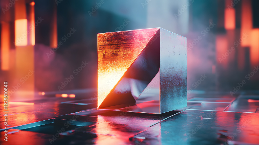 Poster abstract futuristic metal cube. science fiction block design. 3d rendering