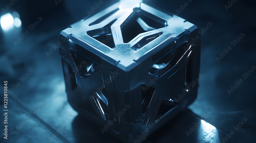 Poster abstract futuristic metal cube. science fiction block design. 3d rendering