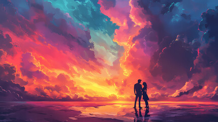 Obraz premium Romantic couple silhouette under a vibrant sunset sky symbolizing love, connection, and eternal bonds. Eternal Sky. Illustration