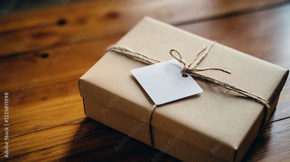Poster cardboard box gift wrapped with string and blank tag sitting on wooden surface