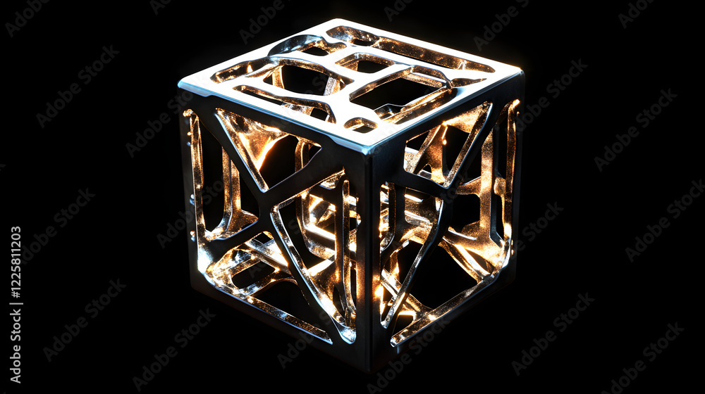Poster abstract futuristic metal cube. science fiction block design. 3d rendering