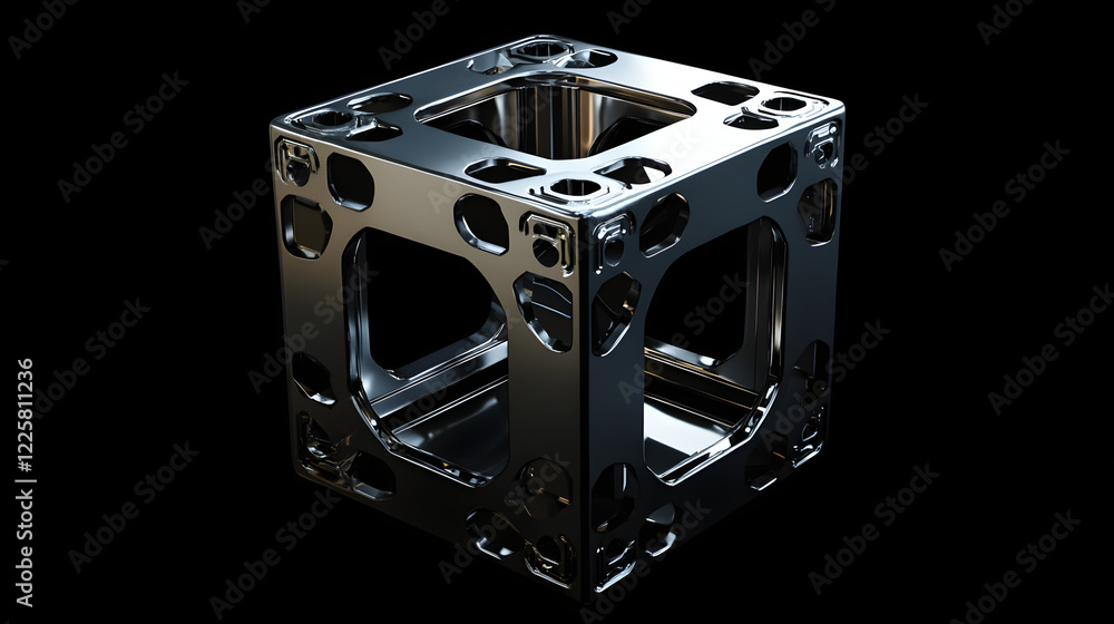 Poster abstract futuristic metal cube. science fiction block design. 3d rendering