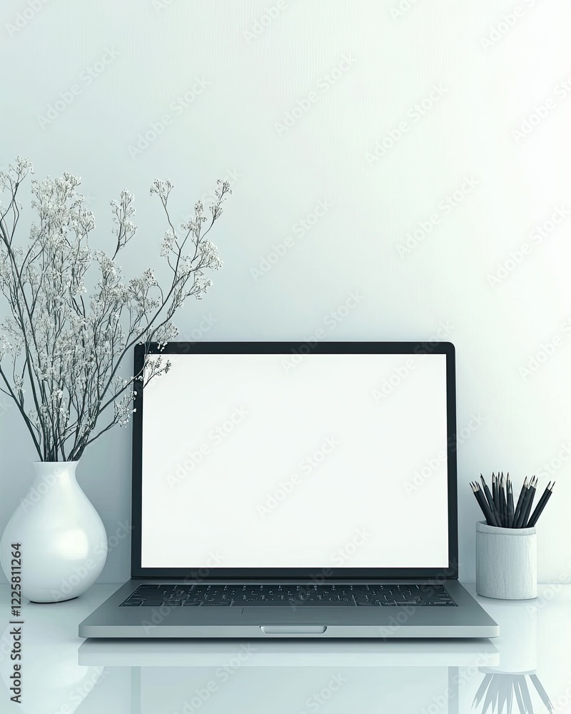 Poster Blank Presentation Slide Displayed on a Modern Laptop in a Serene Workspace Setting